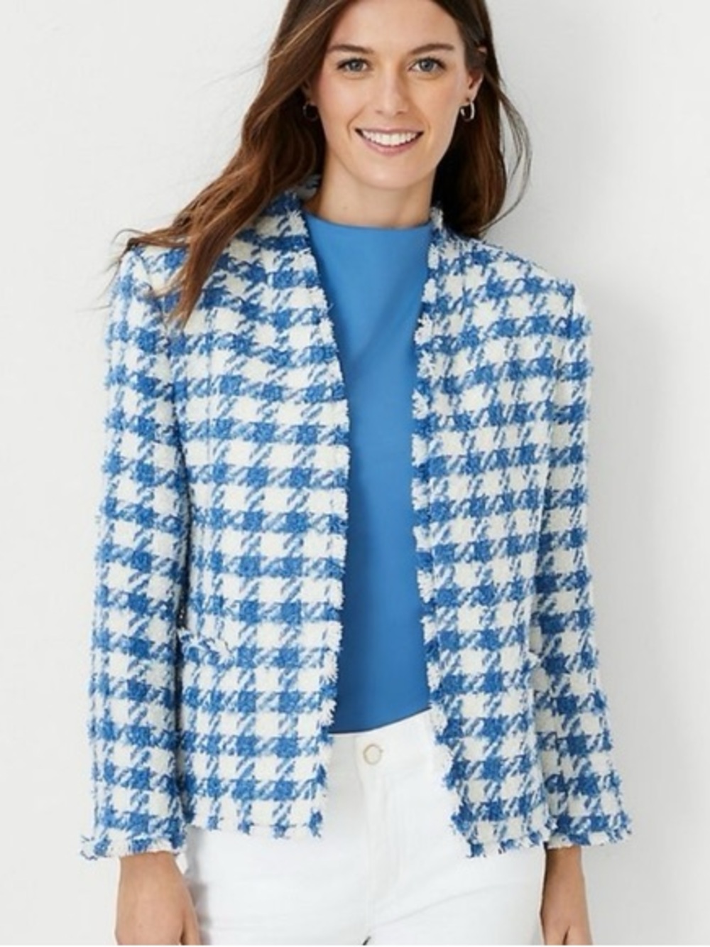 Ann Taylor Blue and White Houndstooth Tweed Jacket